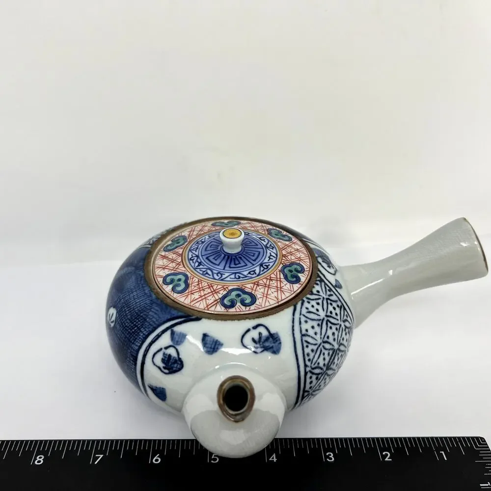 Japanese Blue White Kyusu Single Handle Teapot Geometric Art Asian Elegant Rare